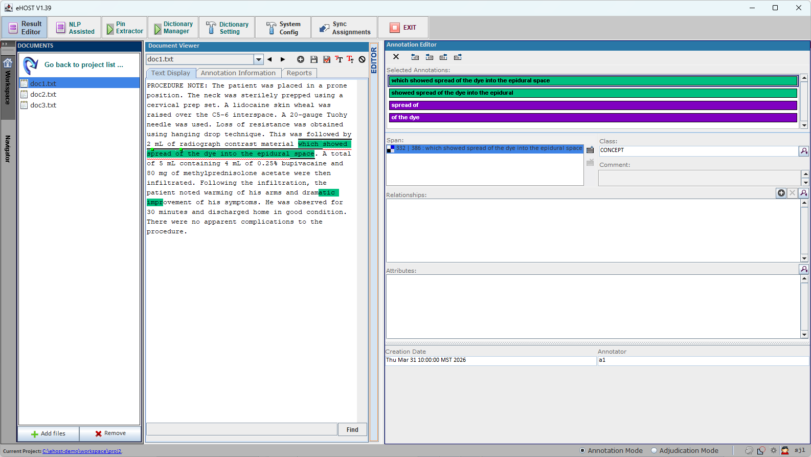 eHOST annotating a clinical note