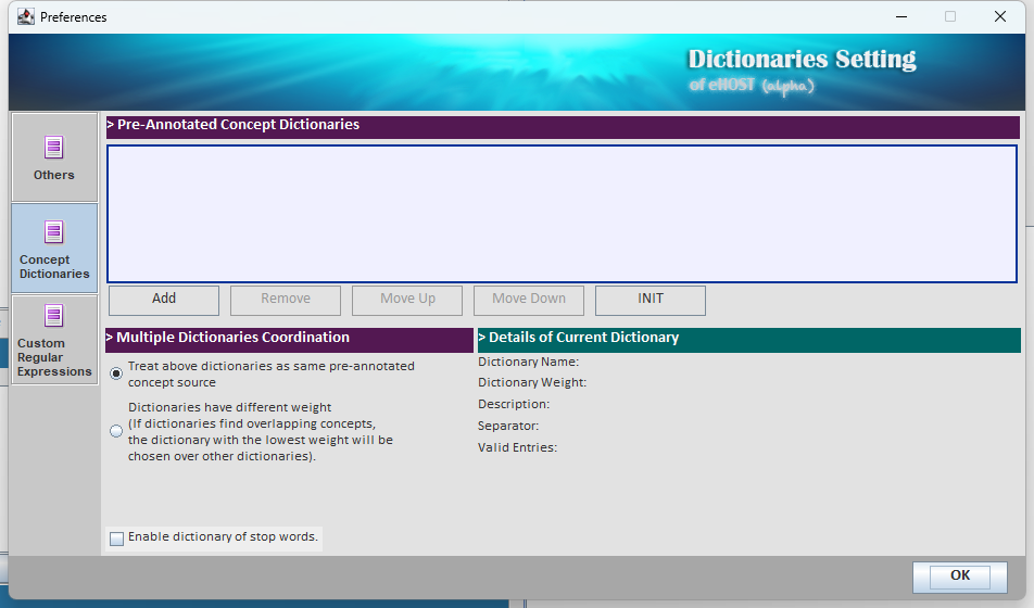 Concept dictionary settings