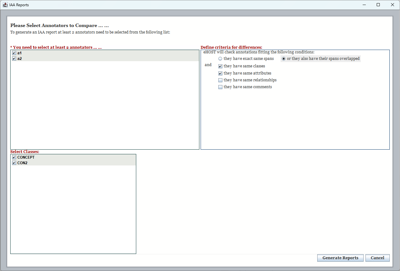 IAA Reports dialog